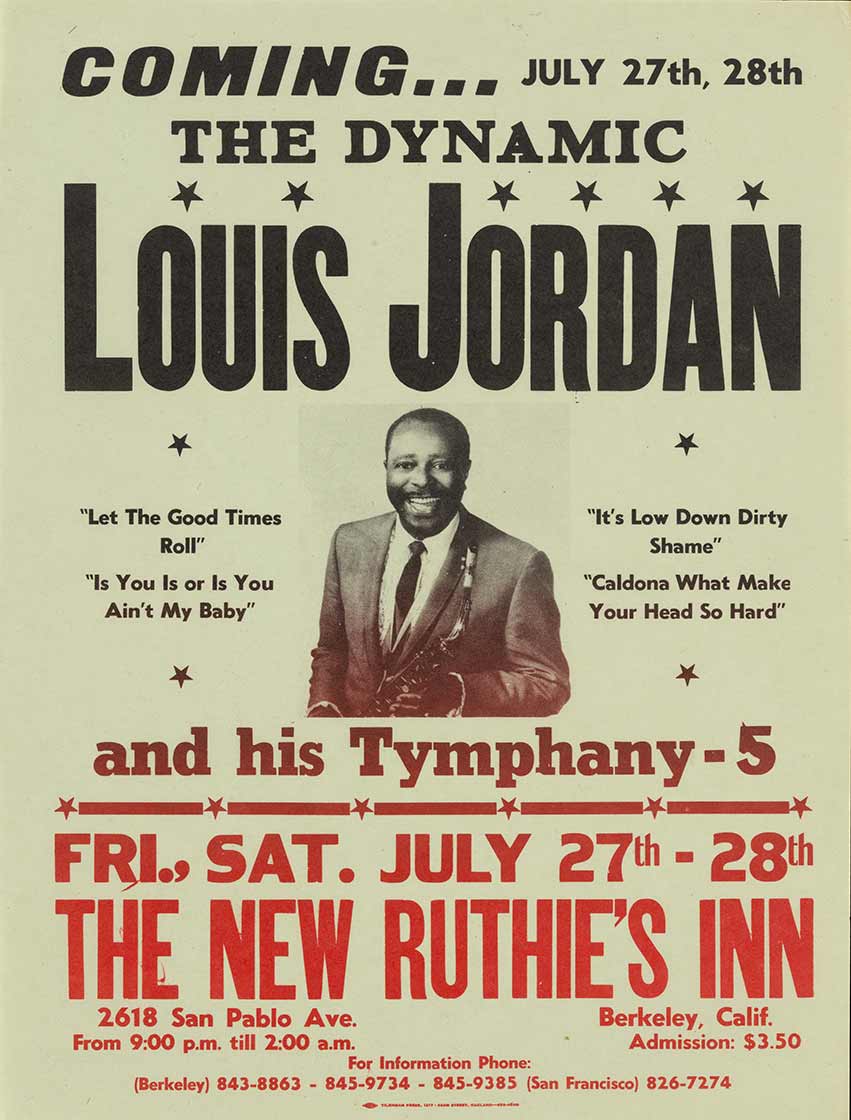 Vintage poster of Louis Jordan and his Tymphany-5 playing live at The New Ruthie's Inn, Friday, July 27th.